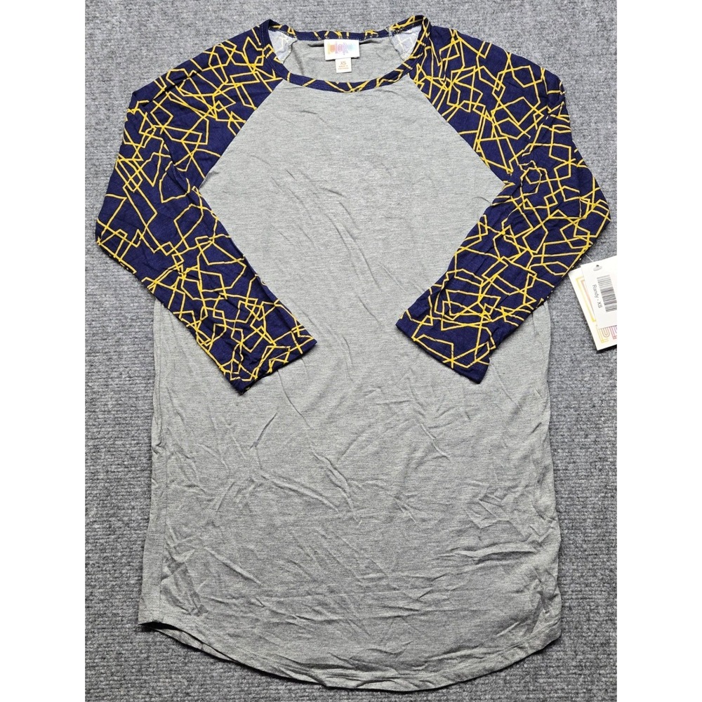 LuLaRoe Randy T-Shirt Womens XS Blue Yellow Geometric 3/4 Sleeve Stretch New